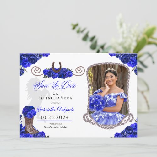 Western Royal Blue Quinceaera Save The Date Photo Invitation