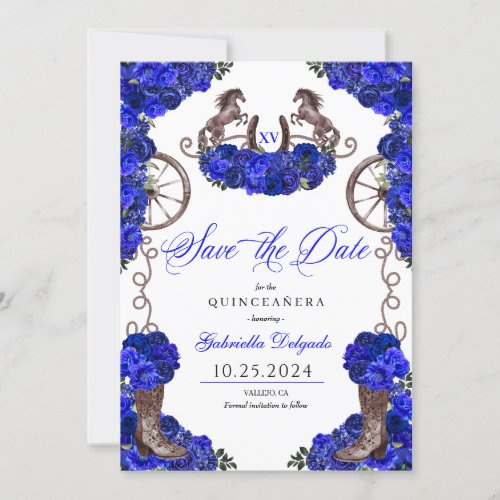 Western Royal Blue Save The Date Quinceaera Invitation