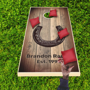 Western Rustic Barn Wood Horseshoe   Ranch Cornhole Set
