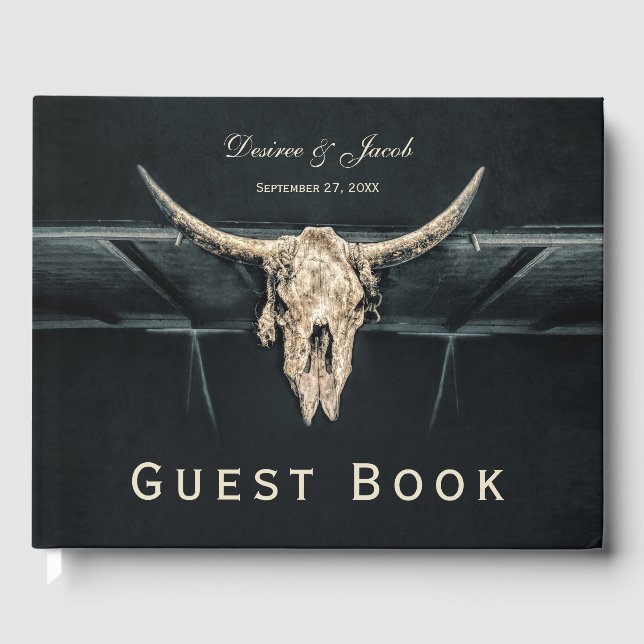 Western Rustic Beige Gray Country Bull Skull Guest Book (Front)