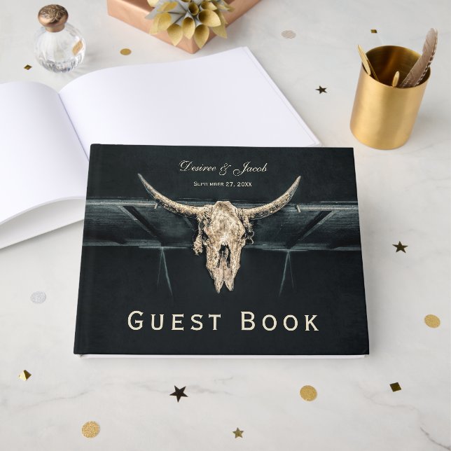 Western Rustic Beige Gray Country Bull Skull Guest Book (Front Open)