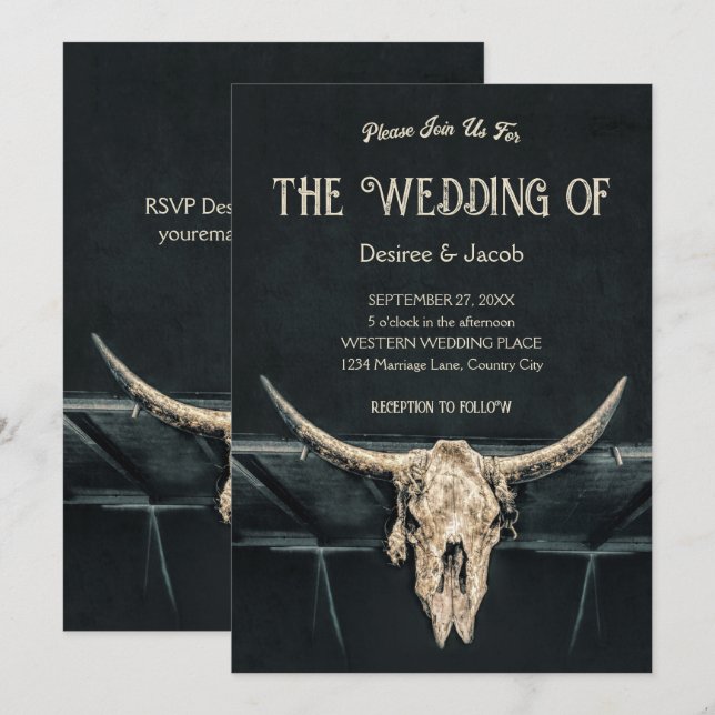 Western Rustic Beige Gray Country Bull Skull Invitation (Front/Back)