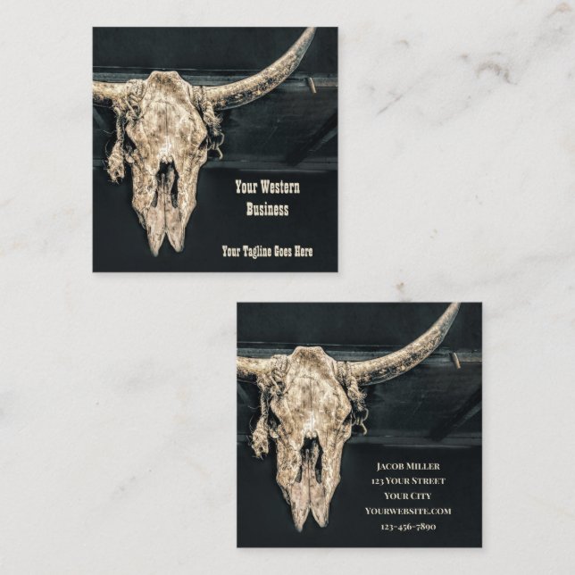 Western Rustic Beige Gray Country Bull Skull Square Business Card (Front/Back)