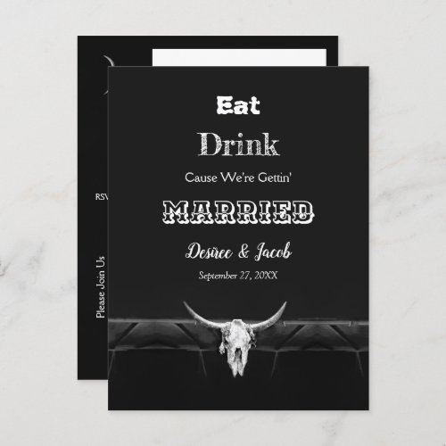 Western Rustic Black And White Eat Drink Married Announcement Postcard