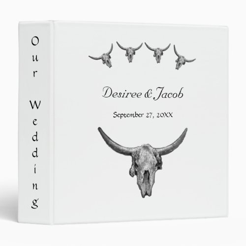 Western Rustic Black And White Wedding Bull Skull 3 Ring Binder