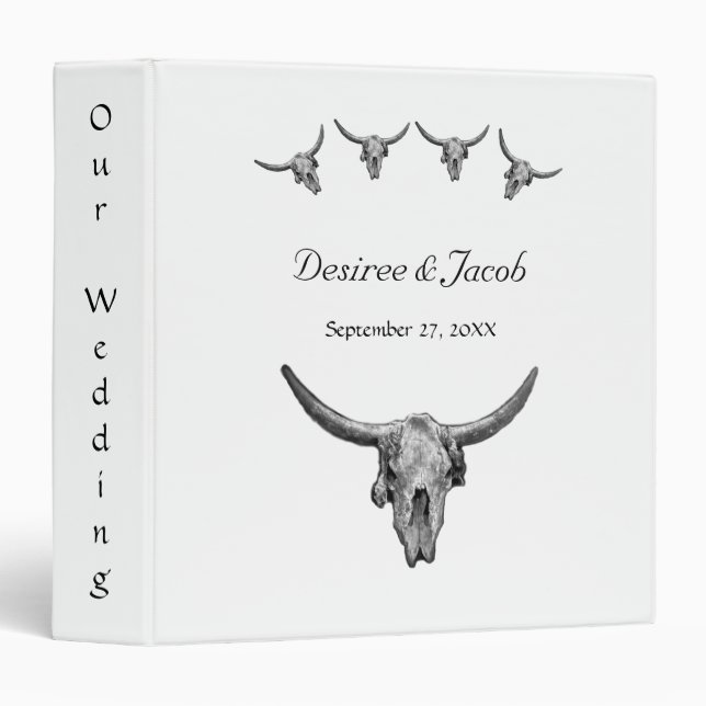 Western Rustic Black And White Wedding Bull Skull 3 Ring Binder (Front/Spine)