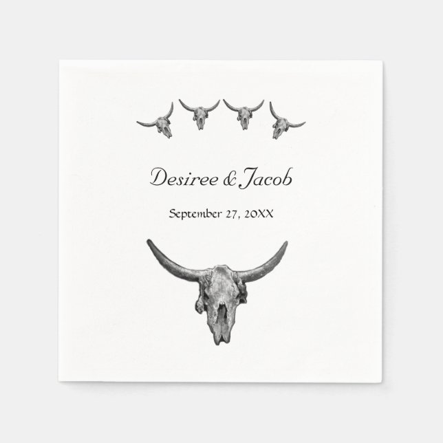 Western Rustic Black And White Wedding Bull Skull Napkins (Front)