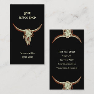 Western Rustic Black Tattoo Shop Bull Skull Business Card