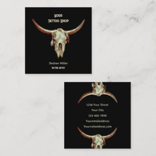 Western Rustic Black Tattoo Shop Bull Skull Square Business Card