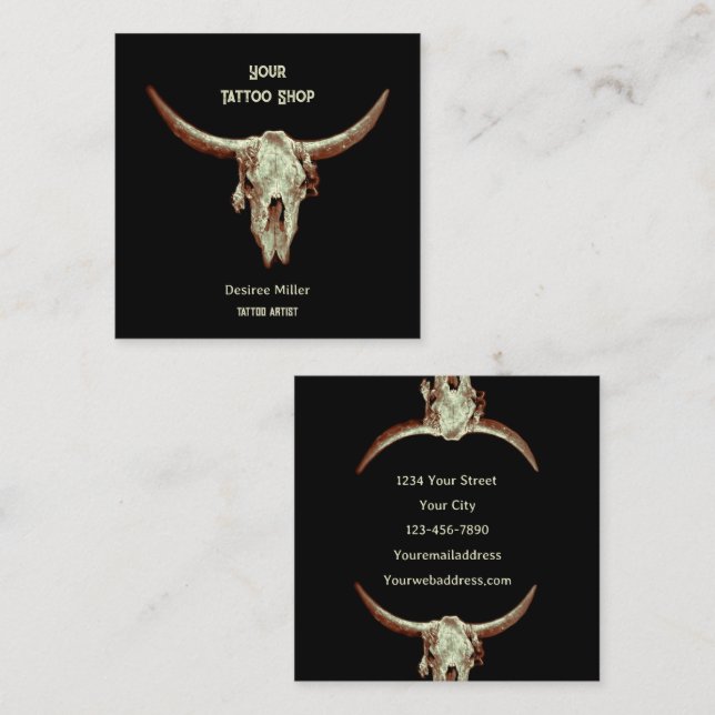 Western Rustic Black Tattoo Shop Bull Skull Square Business Card (Front/Back)