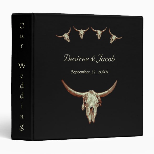 Western Rustic Black Wedding Cow Bull Skull 3 Ring Binder (Front/Spine)