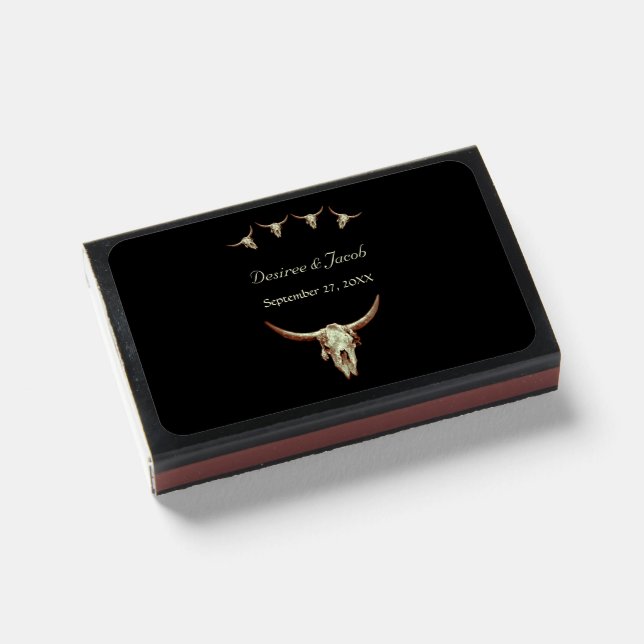 Western Rustic Black Wedding Cow Bull Skull Matchboxes (Front Closed)