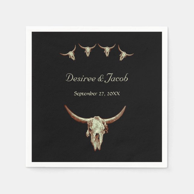 Western Rustic Black Wedding Cow Bull Skull Napkins (Front)