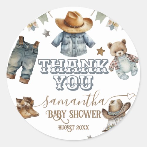 Western Rustic Boho Little Cowboy Baby Shower Classic Round Sticker