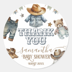 Western Rustic Boho Little Cowboy Baby Shower Classic Round Sticker