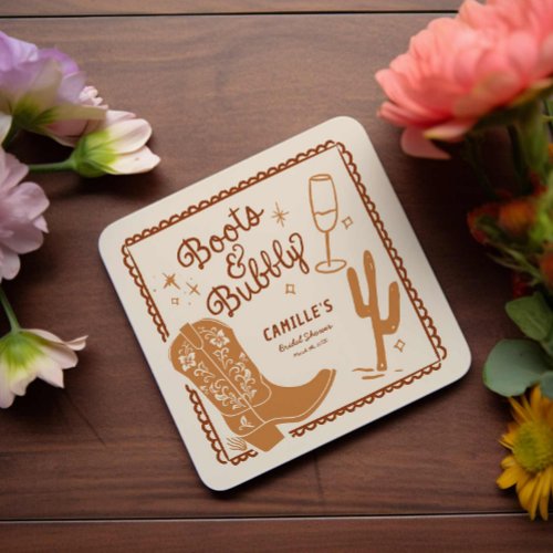 Western Rustic Boots and Bubbly Bridal Shower Square Paper Coaster