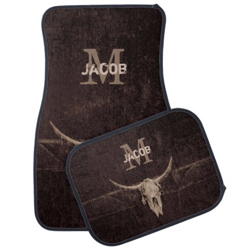 Western Rustic Brown Beige Old Bull Skull Monogram Car Floor Mat