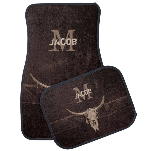 Western Rustic Brown Beige Old Bull Skull Monogram Car Floor Mat (Set)