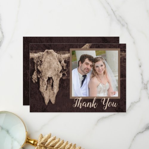Western Rustic Brown Bull Skull Country Photo Thank You Card