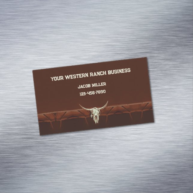 Western Rustic Brown Bull Skull Country Rodeo Business Card Magnet (In Situ)