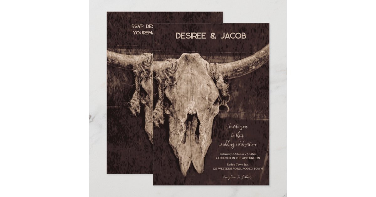 Rustic Brown Rodeo Western Rustic Brown Country Rodeo Bull Skull Invitation | Zazzle