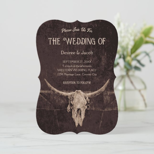 Western Rustic Brown Country Rodeo Bull Skull Invitation (Standing Front)