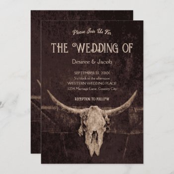 Western Rustic Brown Country Rodeo Bull Skull Invitation by MargSeregelyiPhoto at Zazzle