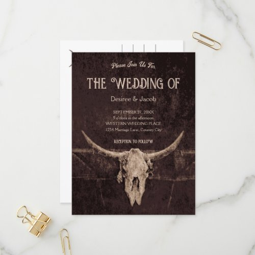 Western Rustic Brown Country Rodeo Bull Skull Invitation Postcard
