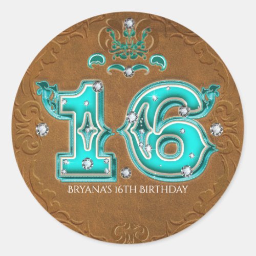 Western Rustic Brown Faux Leather Number 16 Classic Round Sticker