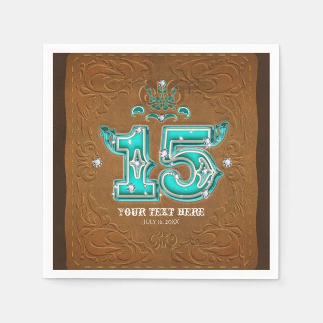 Western Rustic Brown Leather Look & Diamonds 15 Napkins (Front)