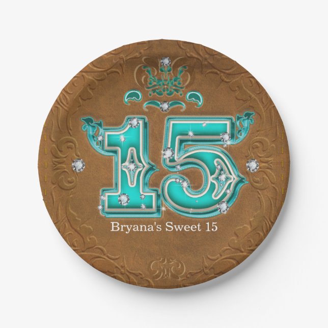 Western Rustic Brown Leather Look & Diamonds 15 Paper Plates (Front)