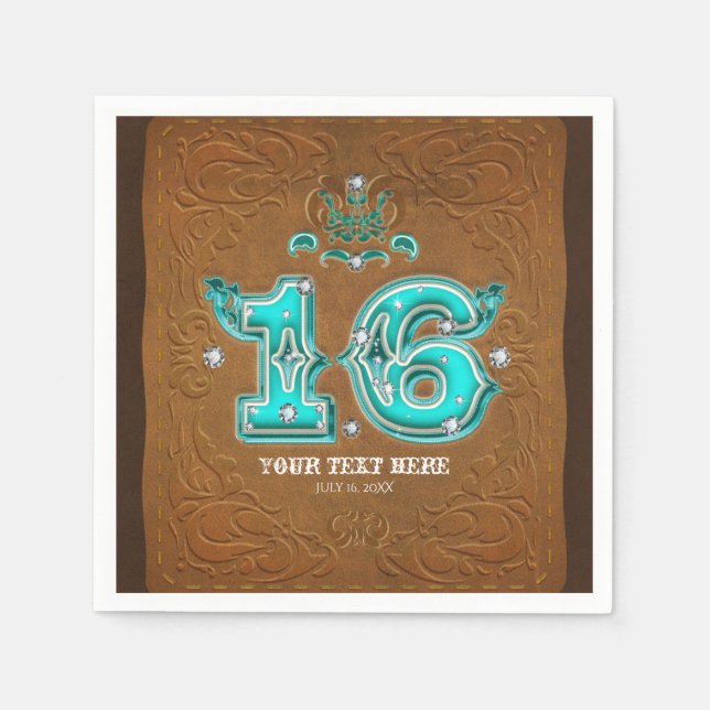 Western Rustic Brown Leather Look & Diamonds 16 Paper Napkins (Front)