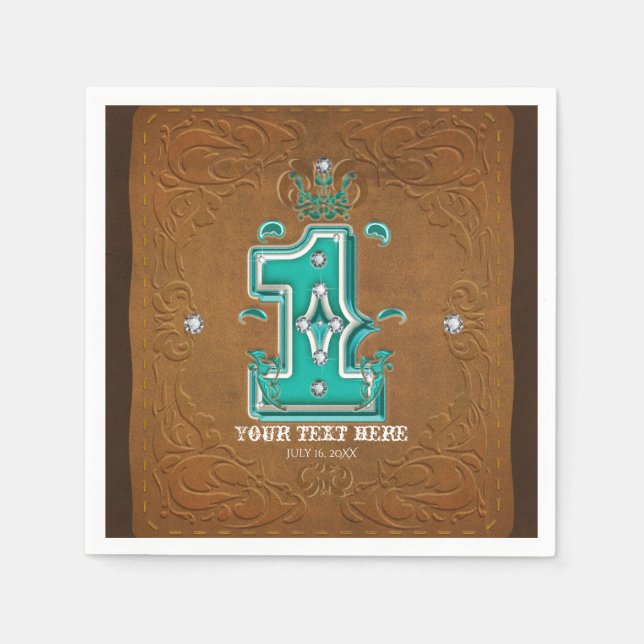 Western Rustic Brown Leather Look & Diamonds 1 One Paper Napkins (Front)