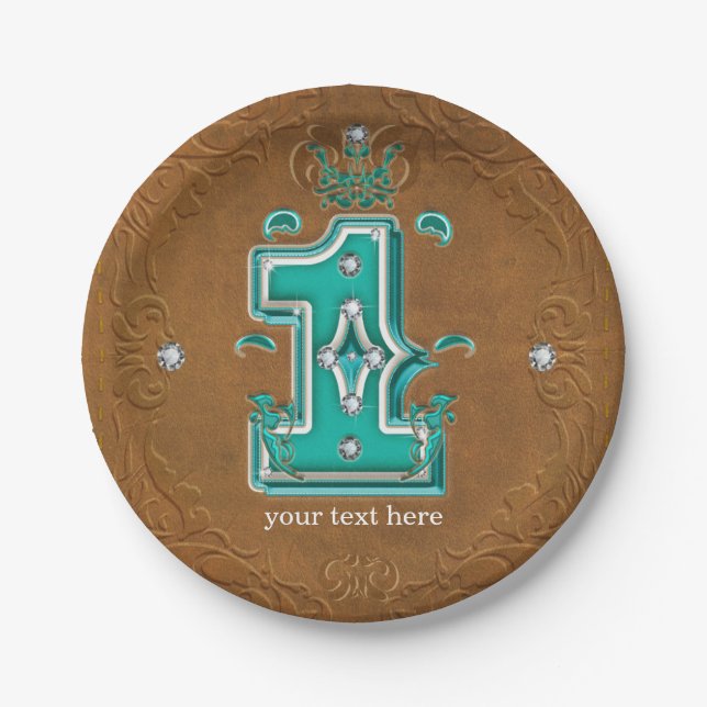 Western Rustic Brown Leather Look & Diamonds 1 One Paper Plates (Front)