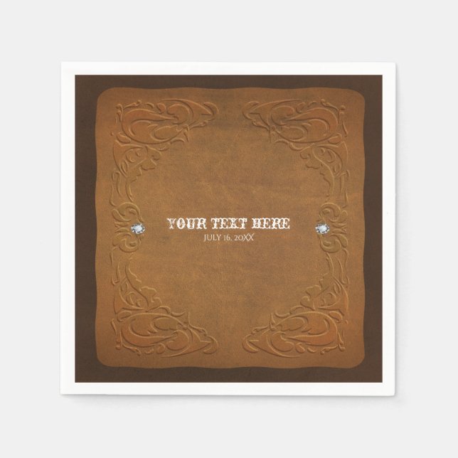 Western Rustic Brown Leather Look & Diamonds Party Napkins (Front)