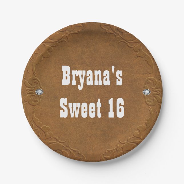 Western Rustic Brown Leather Look & Diamonds Party Paper Plates (Front)