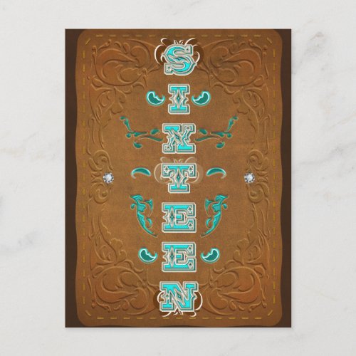 Western Rustic Brown  Turquoise SIXTEEN 16 Party Announcement Postcard