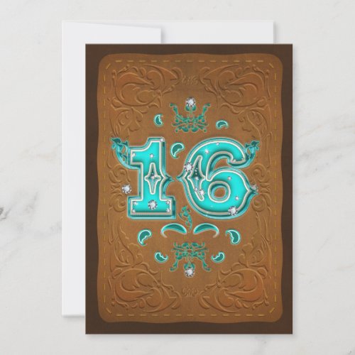 Western Rustic Brown  Turquoise SIXTEEN 16 Party Invitation