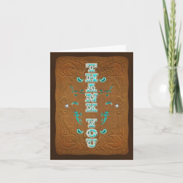 Western Rustic Brown & Turquoise THANK YOU Card (Front)