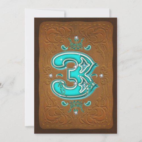 Western Rustic Brown  Turquoise THREE 3 3rd Party Invitation