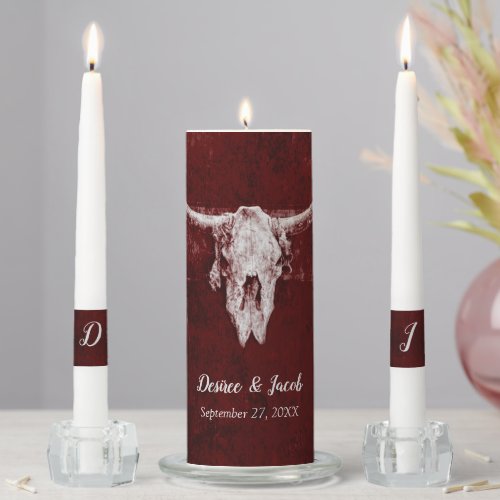 Western Rustic Bull Skull Burgundy Country Texture Unity Candle Set