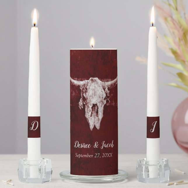 Western Rustic Bull Skull Burgundy Country Texture Unity Candle Set (In Situ)