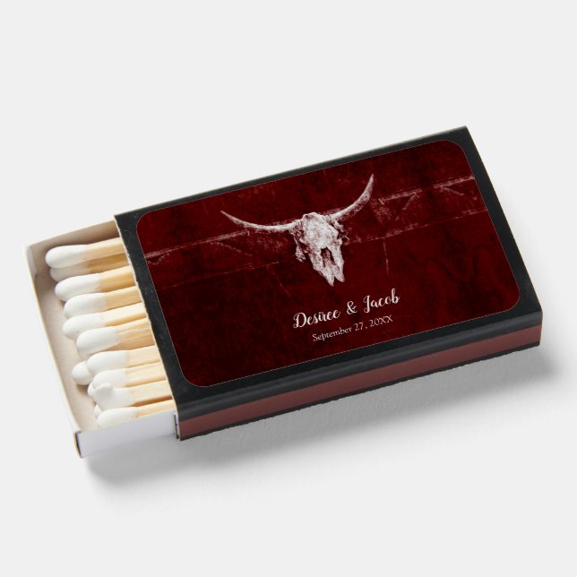 Western Rustic Bull Skull Country Burgundy Texture Matchboxes (Front Open)