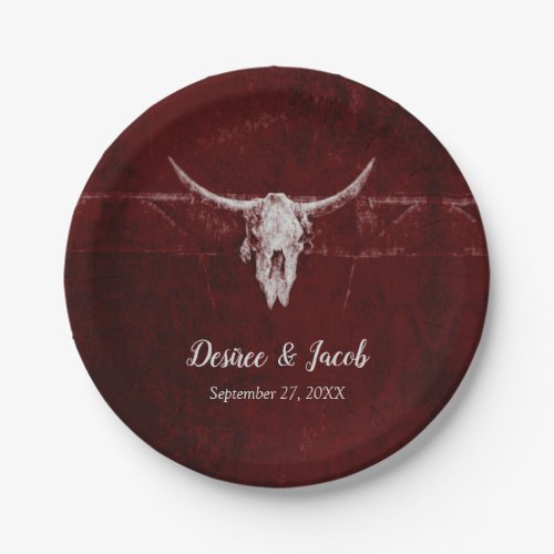 Western Rustic Bull Skull Country Burgundy Texture Paper Plates