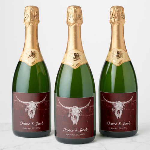 Western Rustic Bull Skull Country Burgundy Texture Sparkling Wine Label