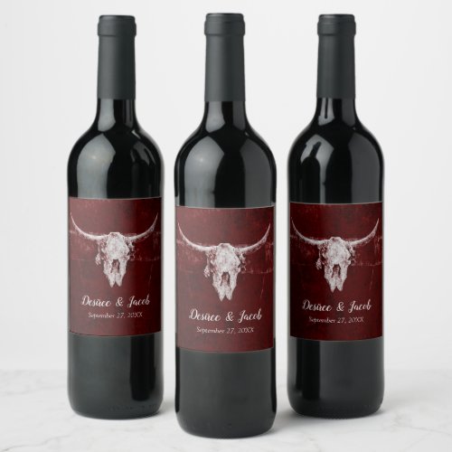 Western Rustic Bull Skull Country Burgundy Texture Wine Label