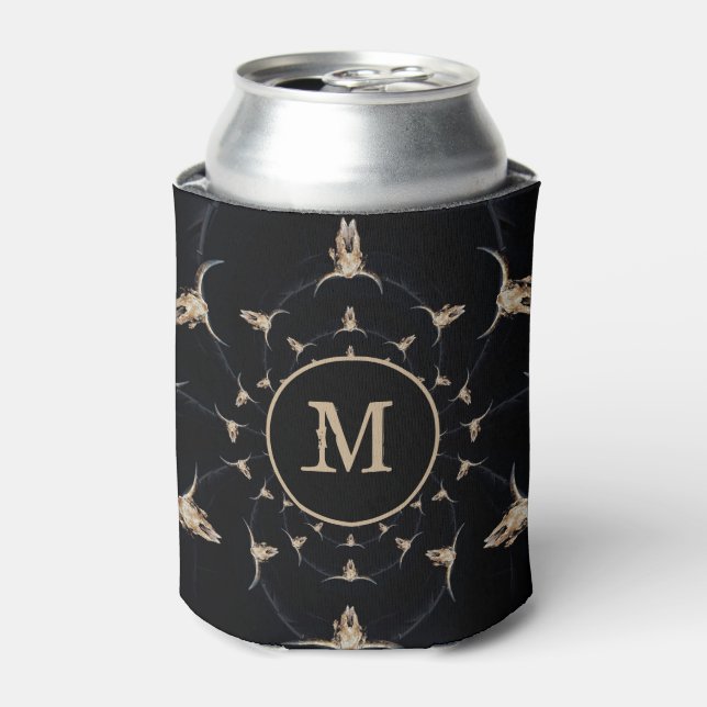Western Rustic Bull Skull Country Monongram Can Cooler (Can Front)