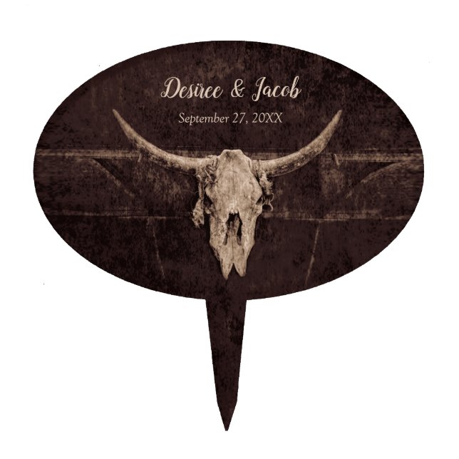 Western Rustic Bull Skull Wedding Country Texture Cake Topper (Front)