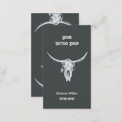 Western Rustic Charcoal Tattoo Shop Bull Skull Business Card