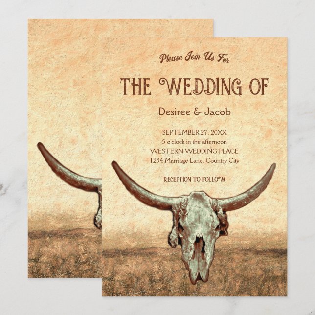 Western Rustic Country Bull Skull Invitation (Front/Back)